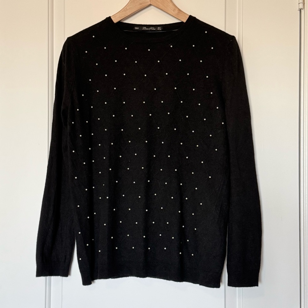 Zara Black Sweater with White Pearls and diamond pattern, angora blend, Large